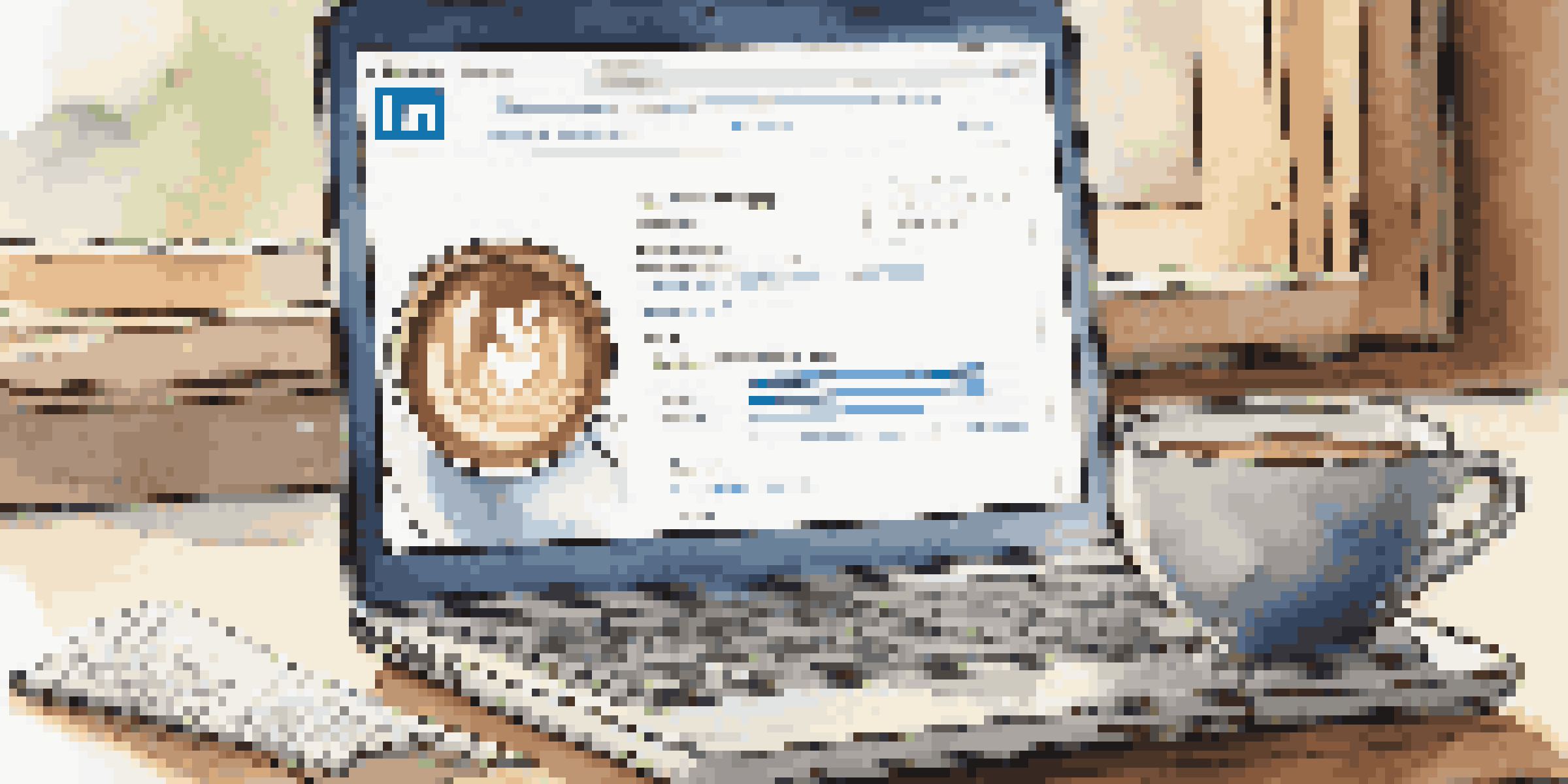 A laptop showing a LinkedIn profile, with a coffee cup and notepad in the background, illuminated by soft natural light.