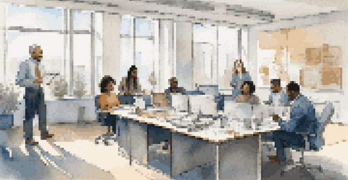 A diverse group of professionals in a bright office space engaged in a constructive feedback session, discussing ideas with enthusiasm.