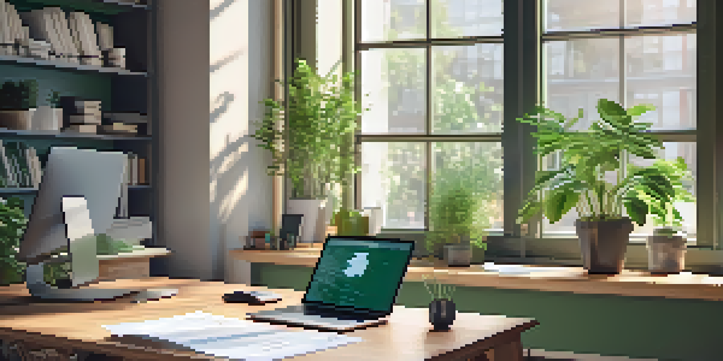 A peaceful office setup featuring a wooden desk with a laptop, green plants, and sunlight coming through the window.
