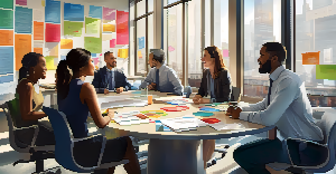 A diverse group of employees in an office meeting, engaged and collaborating with charts and laptops, emphasizing teamwork and communication.