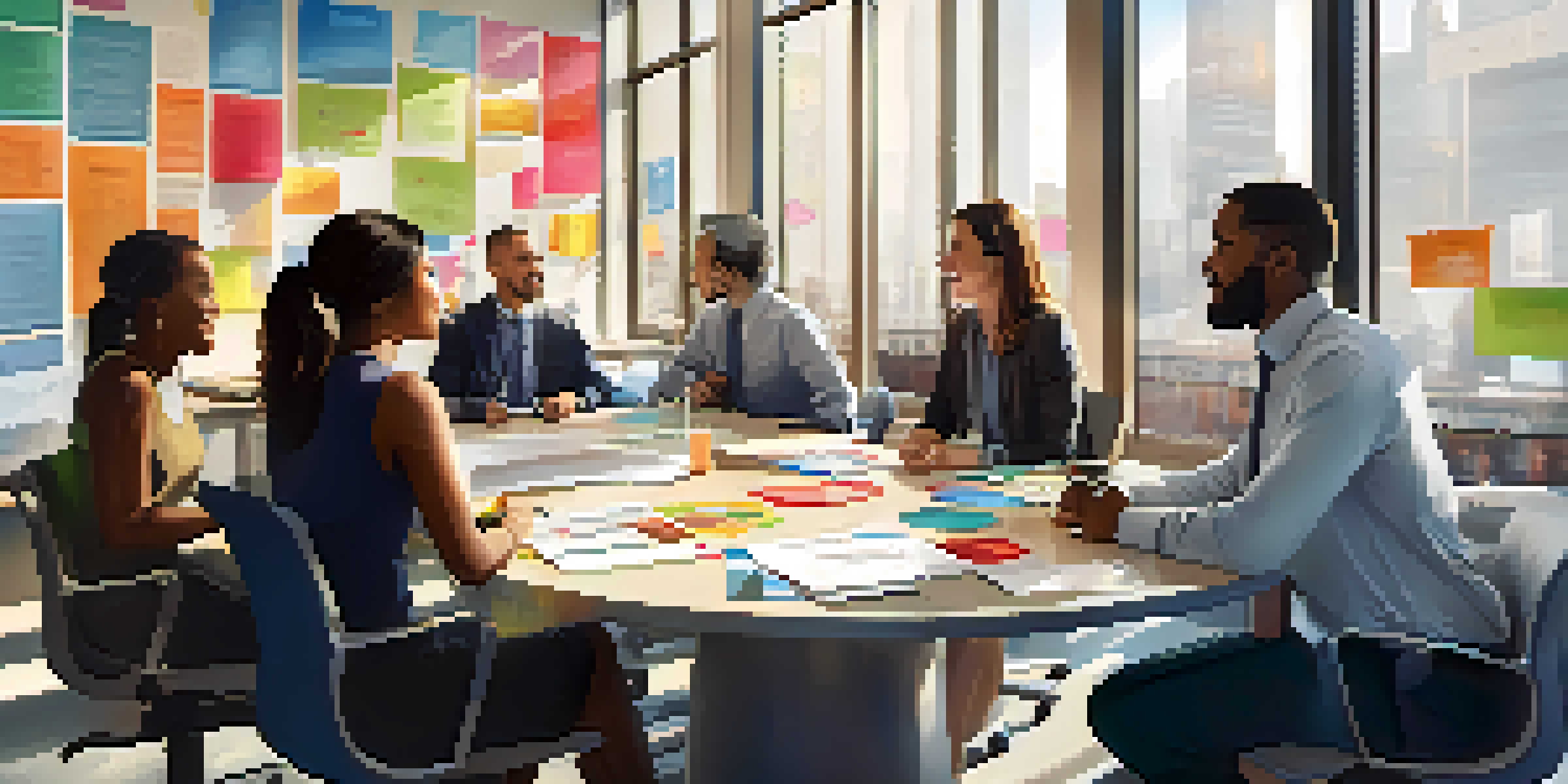 A diverse group of employees in an office meeting, engaged and collaborating with charts and laptops, emphasizing teamwork and communication.