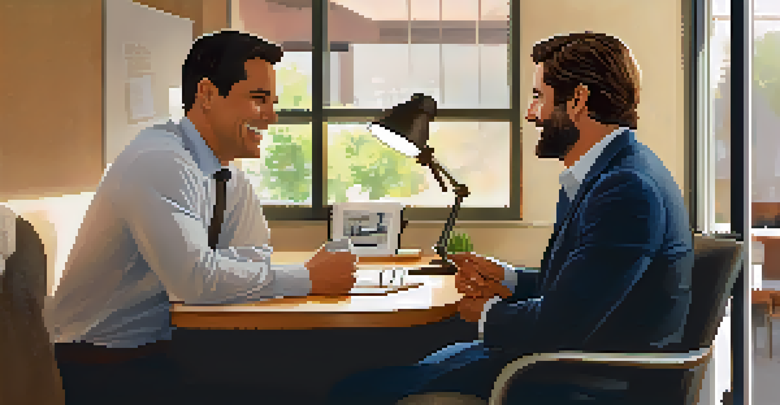 A manager and an employee engaged in a supportive conversation in a comfortable office setting.