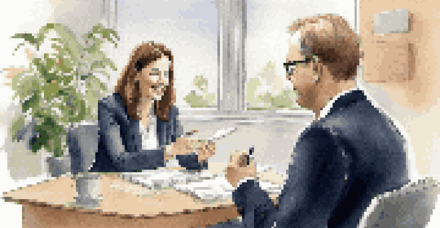 An interview scene with a candidate taking notes while an interviewer gestures, both appearing engaged in conversation.