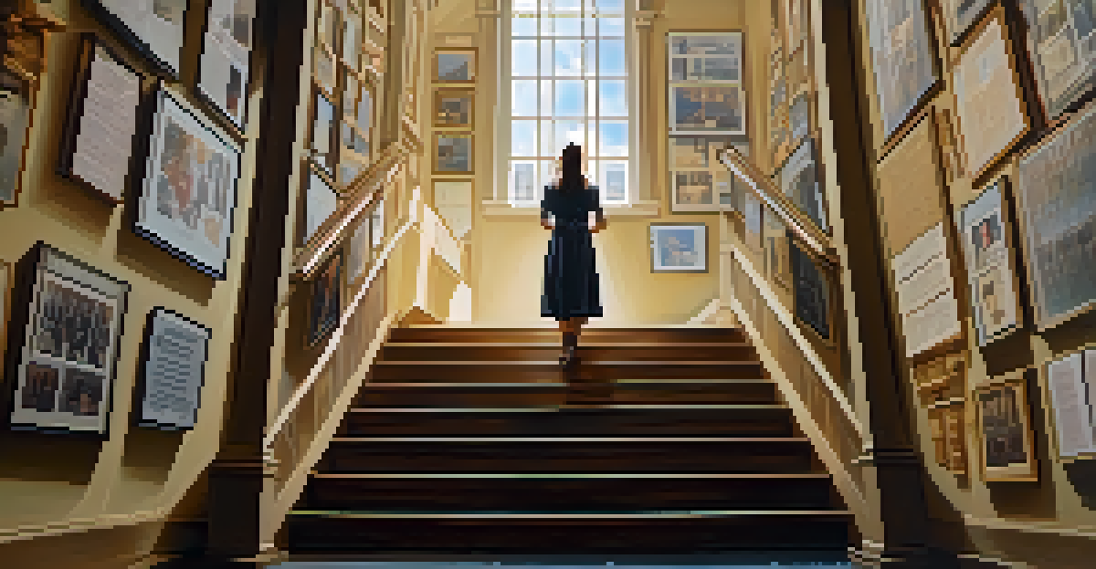 A determined person standing on a staircase looking upward towards a bright light, surrounded by inspirational quotes and career achievement images.