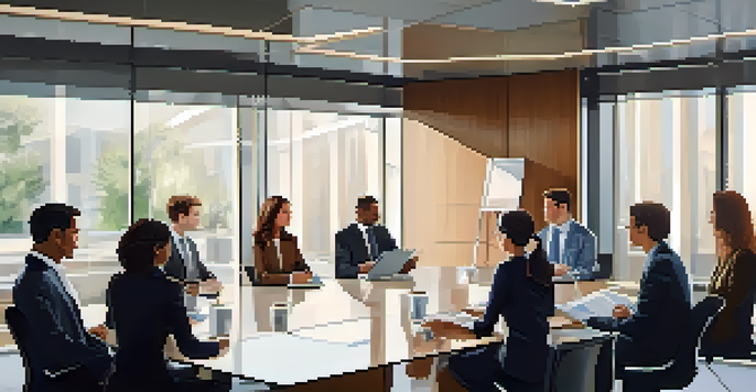 A diverse group of professionals in a modern conference room engaged in a negotiation meeting, with papers and laptops on the table.