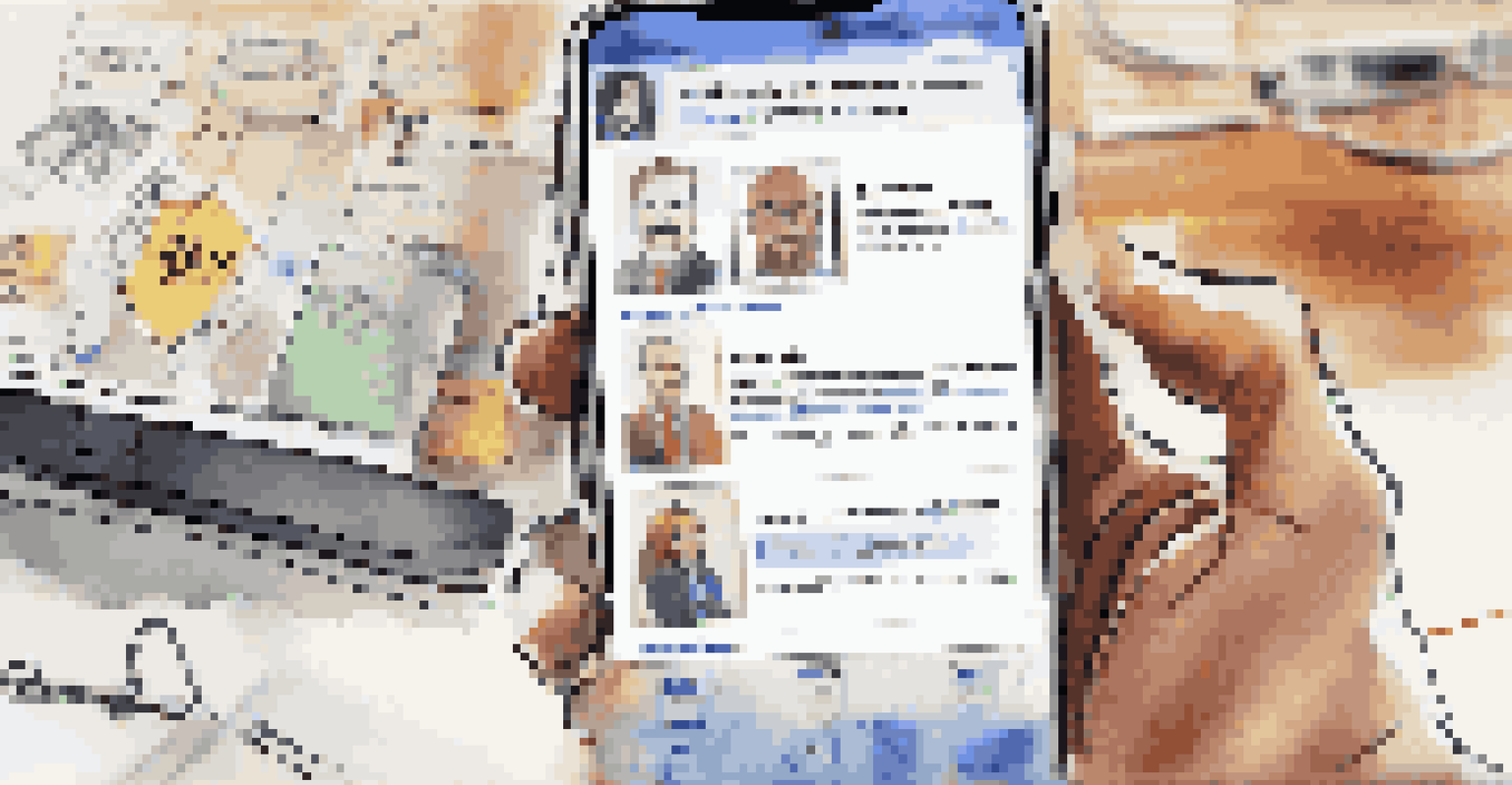 Close-up of a smartphone screen showing social media profiles and job listings, with blurred office elements in the background.
