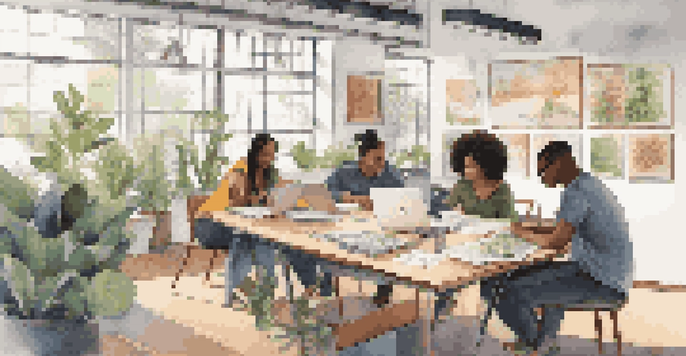 A diverse group of students working together at a table, discussing and collaborating on a project with laptops and notebooks in a bright and modern workspace.