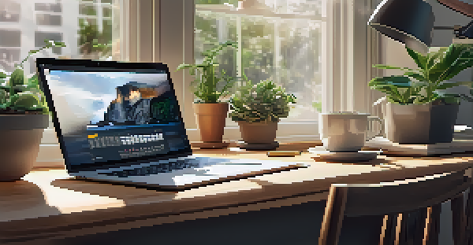 A calm office space with a wooden desk, laptop, coffee cup, and a potted plant, with sunlight streaming through a window.