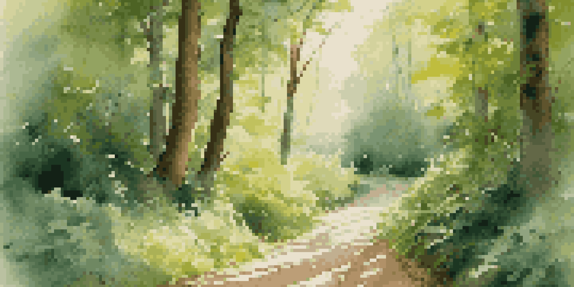 A peaceful forest path with tall trees and sunlight filtering through leaves, featuring a sign that says 'Embrace Change'.