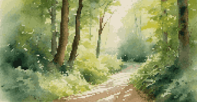 A peaceful forest path with tall trees and sunlight filtering through leaves, featuring a sign that says 'Embrace Change'.