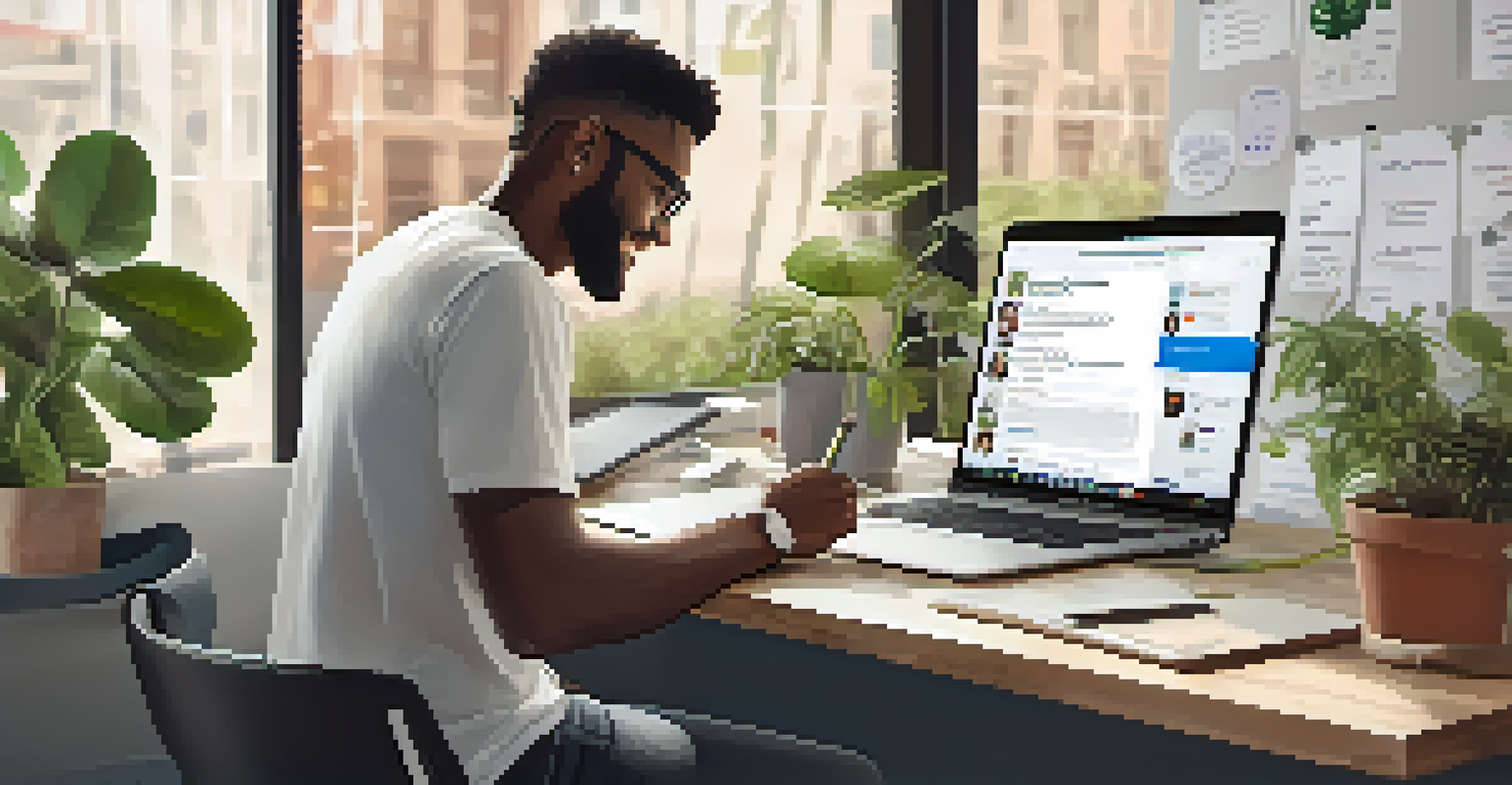 A person at a desk networking on social media using a laptop, surrounded by motivational decor.