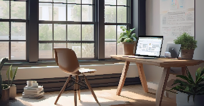 A modern workspace with a laptop open to an online learning platform, natural light, a cozy chair, and motivational quotes on the walls.