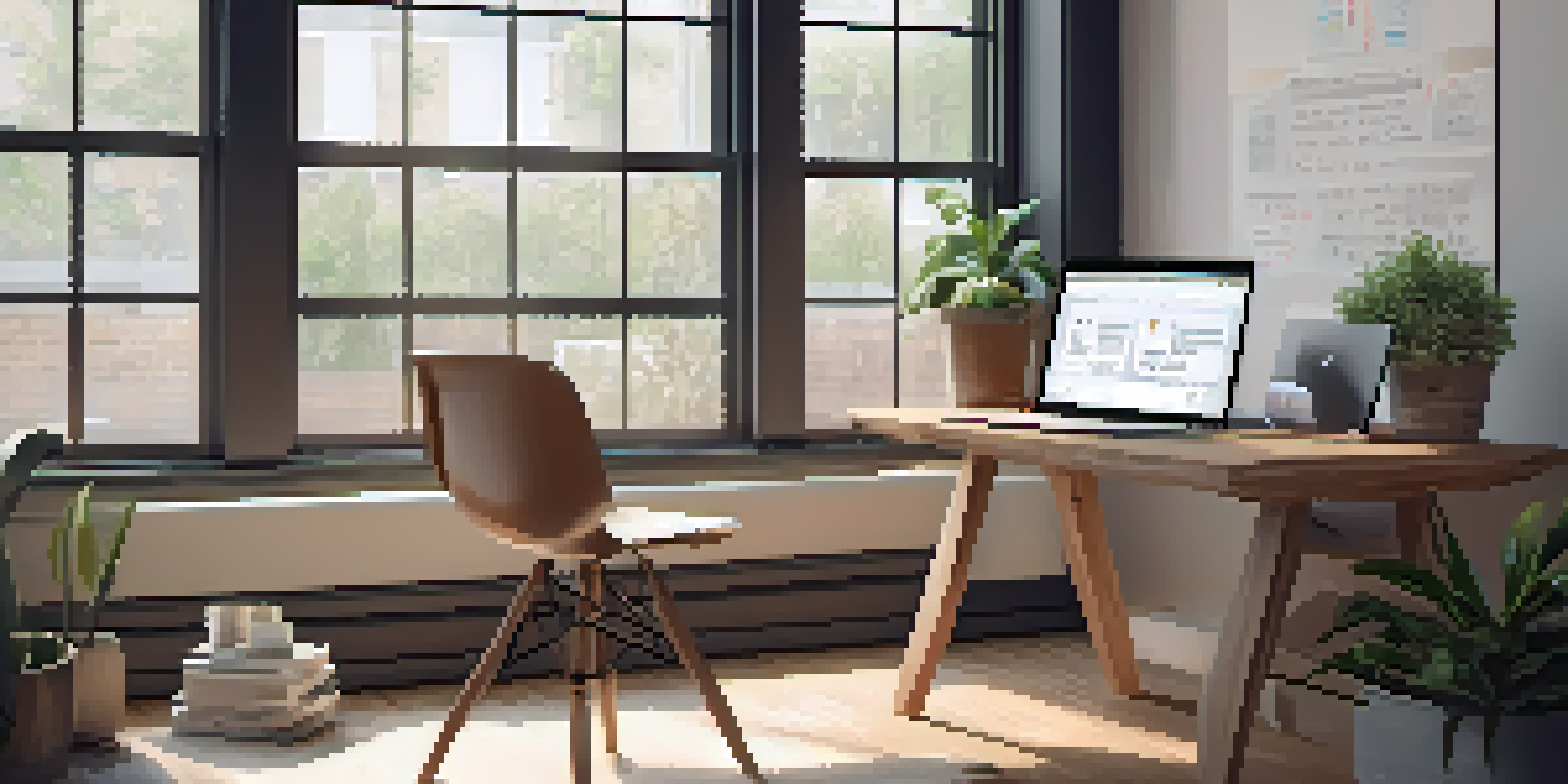 A modern workspace with a laptop open to an online learning platform, natural light, a cozy chair, and motivational quotes on the walls.