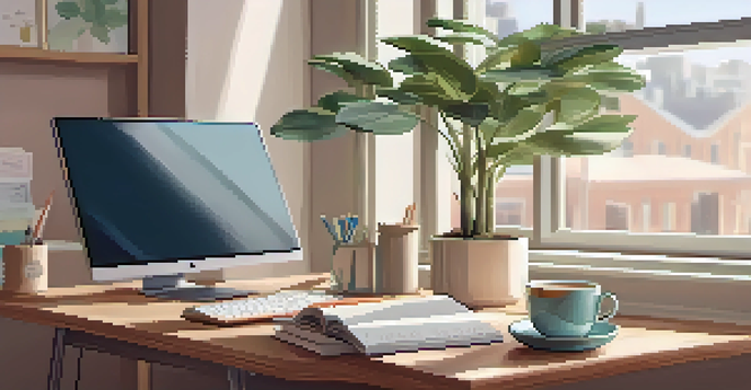 A cozy office space filled with natural light, plants, and books, creating a calm and inviting atmosphere.