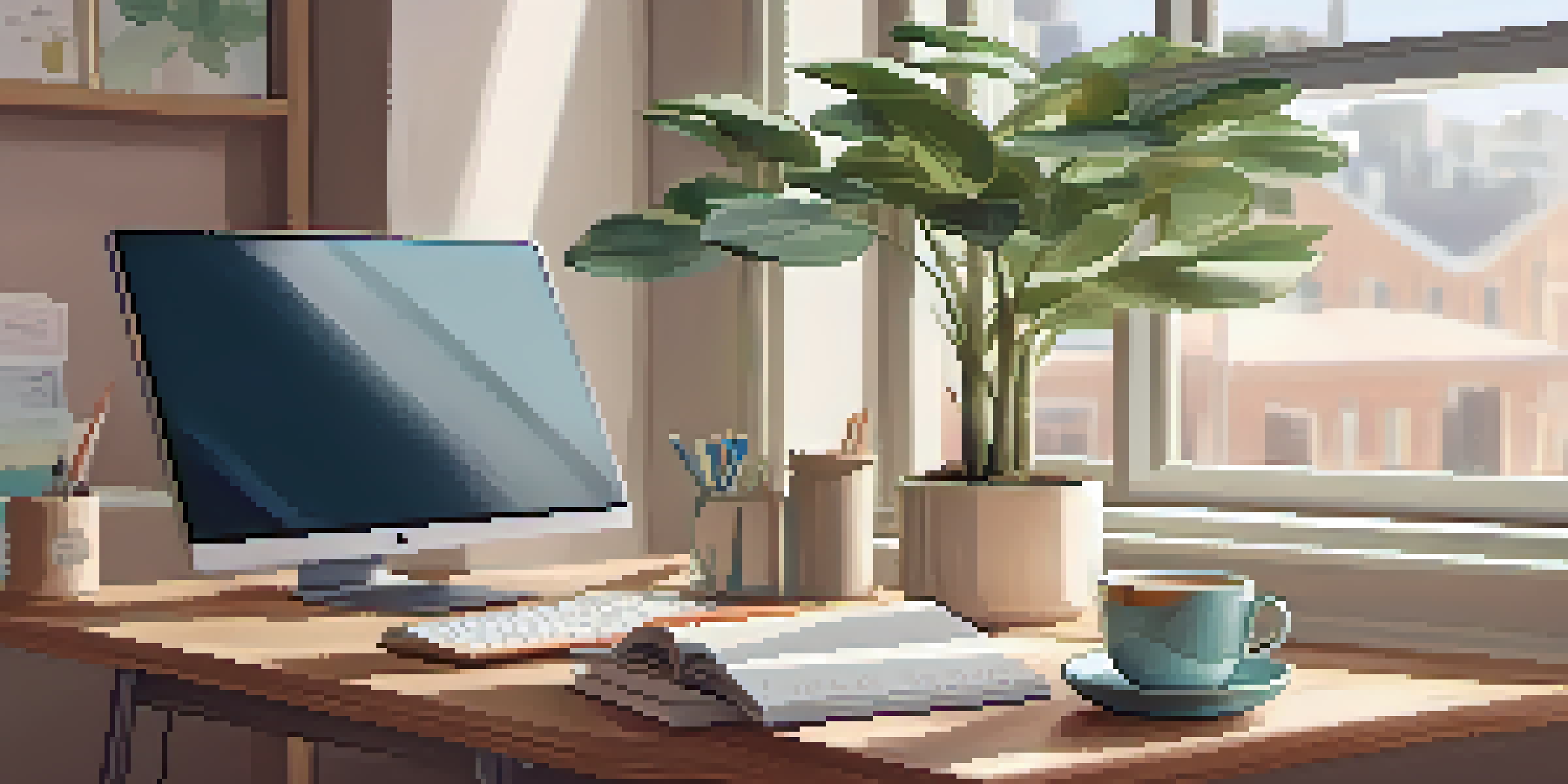 A cozy office space filled with natural light, plants, and books, creating a calm and inviting atmosphere.