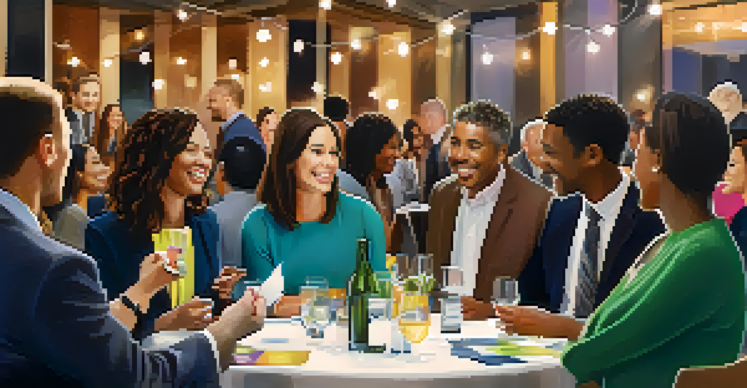 A networking event with people exchanging ideas and business cards in a colorful setting.