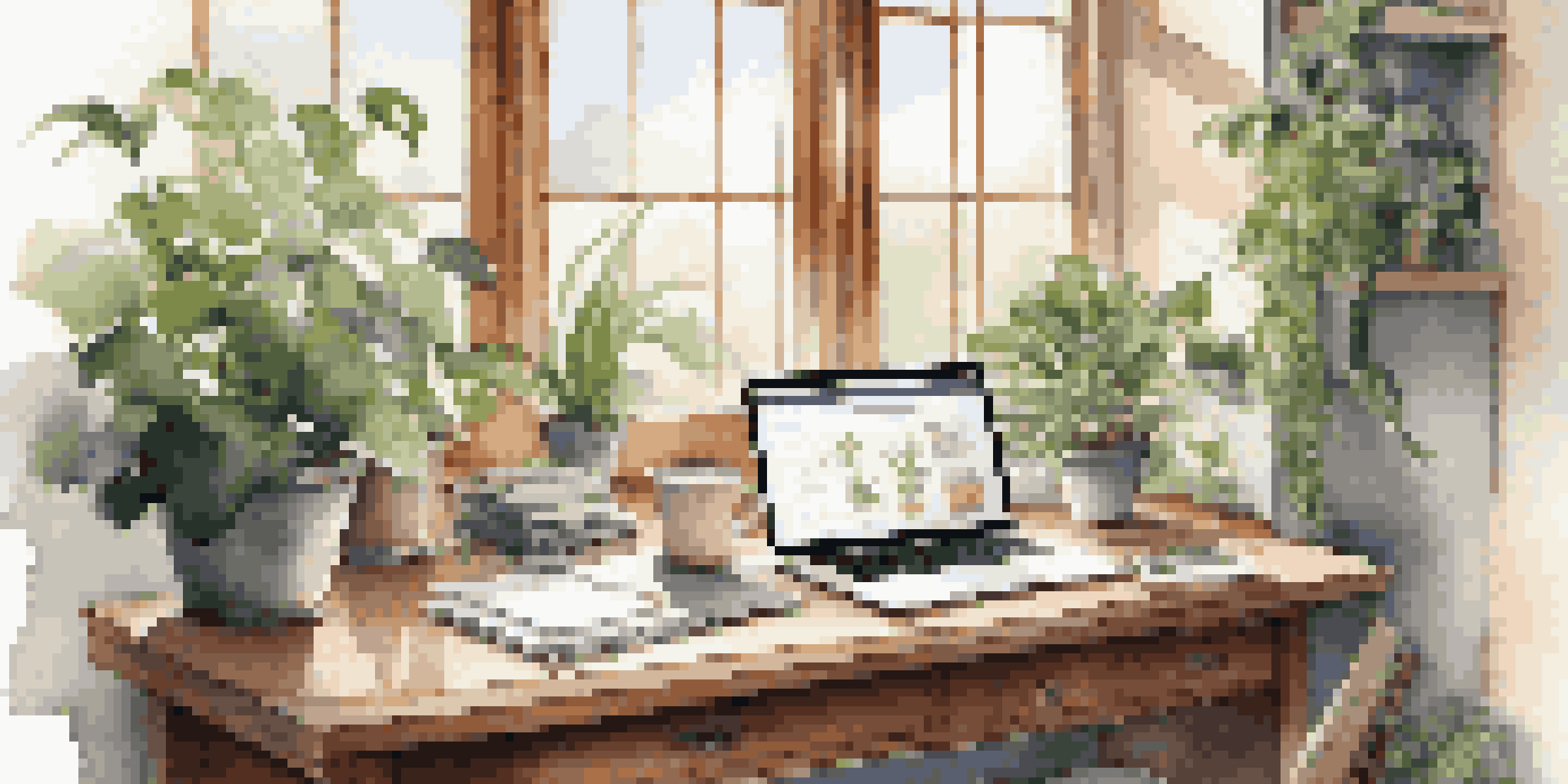 A bright workspace with a wooden desk, laptop, notebook, and coffee cup, illuminated by natural light from a window.