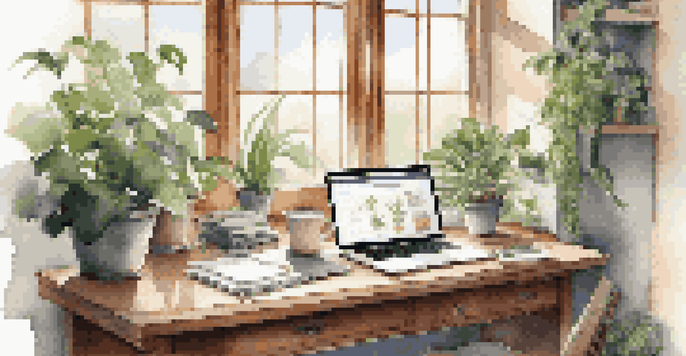 A bright workspace with a wooden desk, laptop, notebook, and coffee cup, illuminated by natural light from a window.