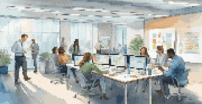 A diverse group of employees collaborating in a bright modern office with motivational posters and a whiteboard filled with ideas.