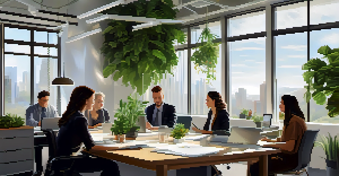 A diverse team in a bright office discussing together around a large table with plants and modern decor.