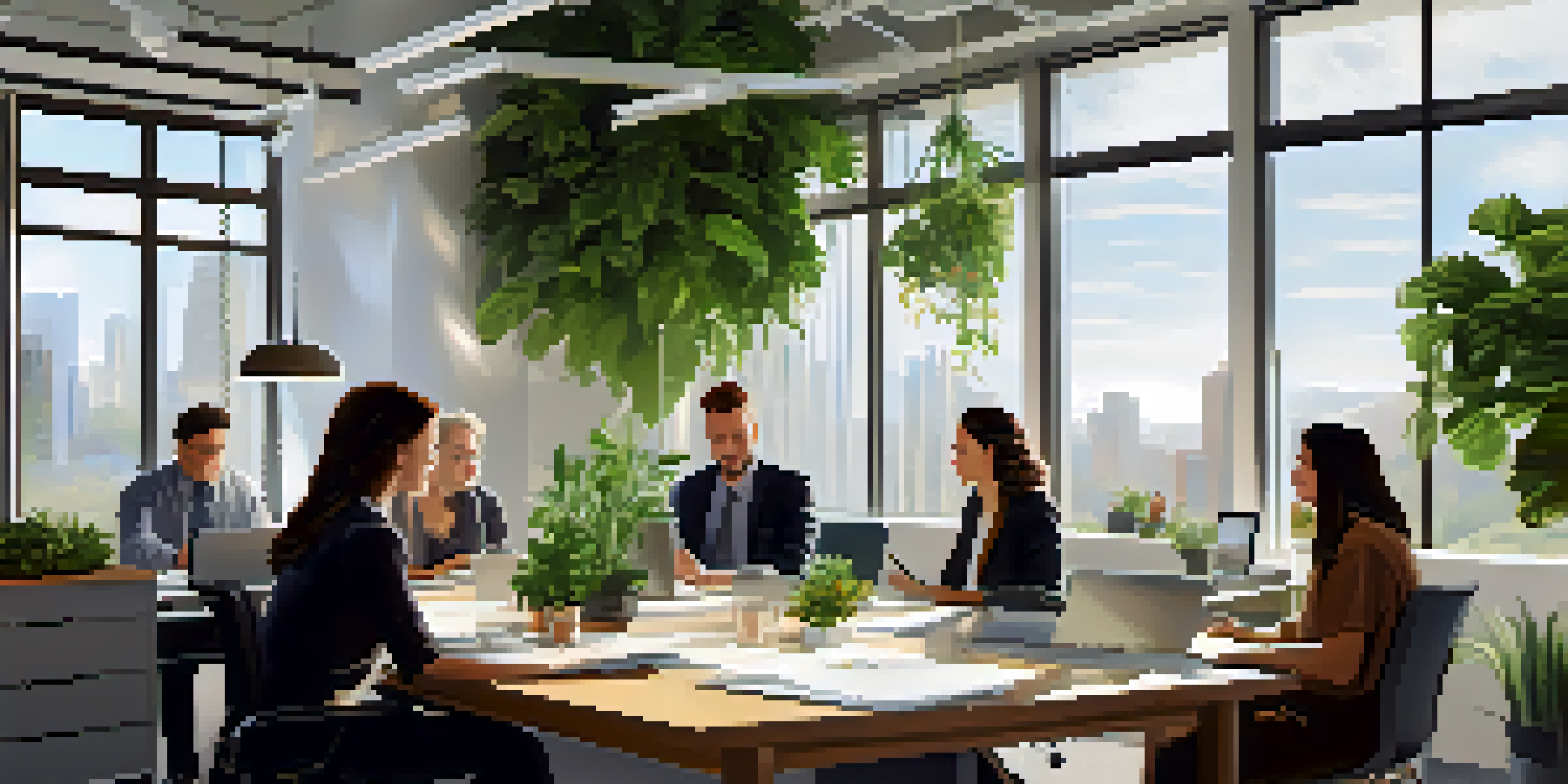 A diverse team in a bright office discussing together around a large table with plants and modern decor.