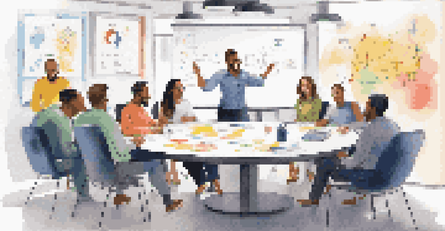 A diverse team in a modern meeting room discussing ideas around a round table, with a whiteboard filled with notes.