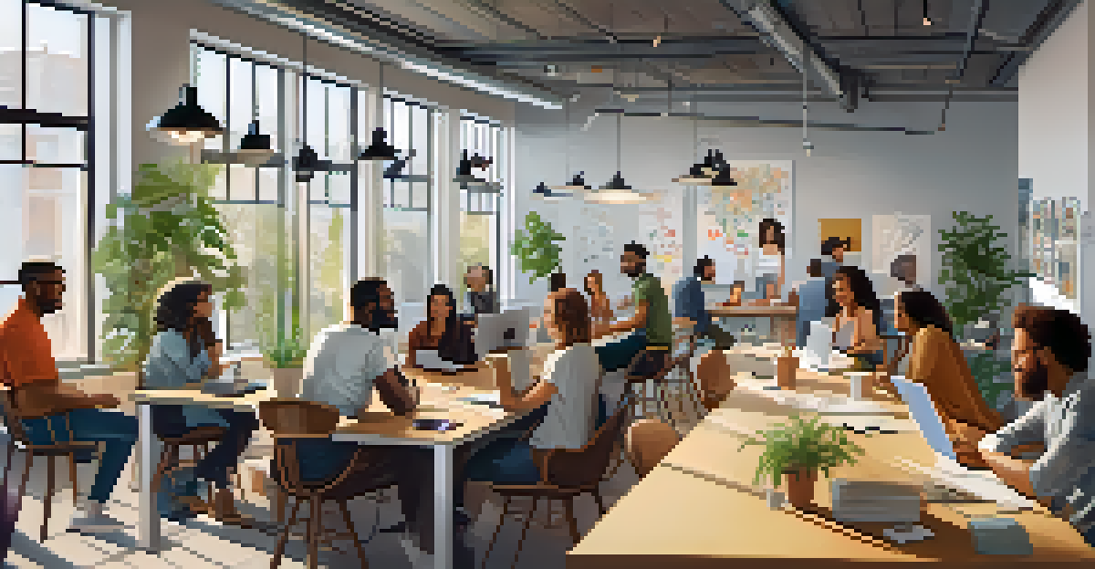 A diverse group of people in a bright co-working space, collaborating and sharing ideas during a brainstorming session.