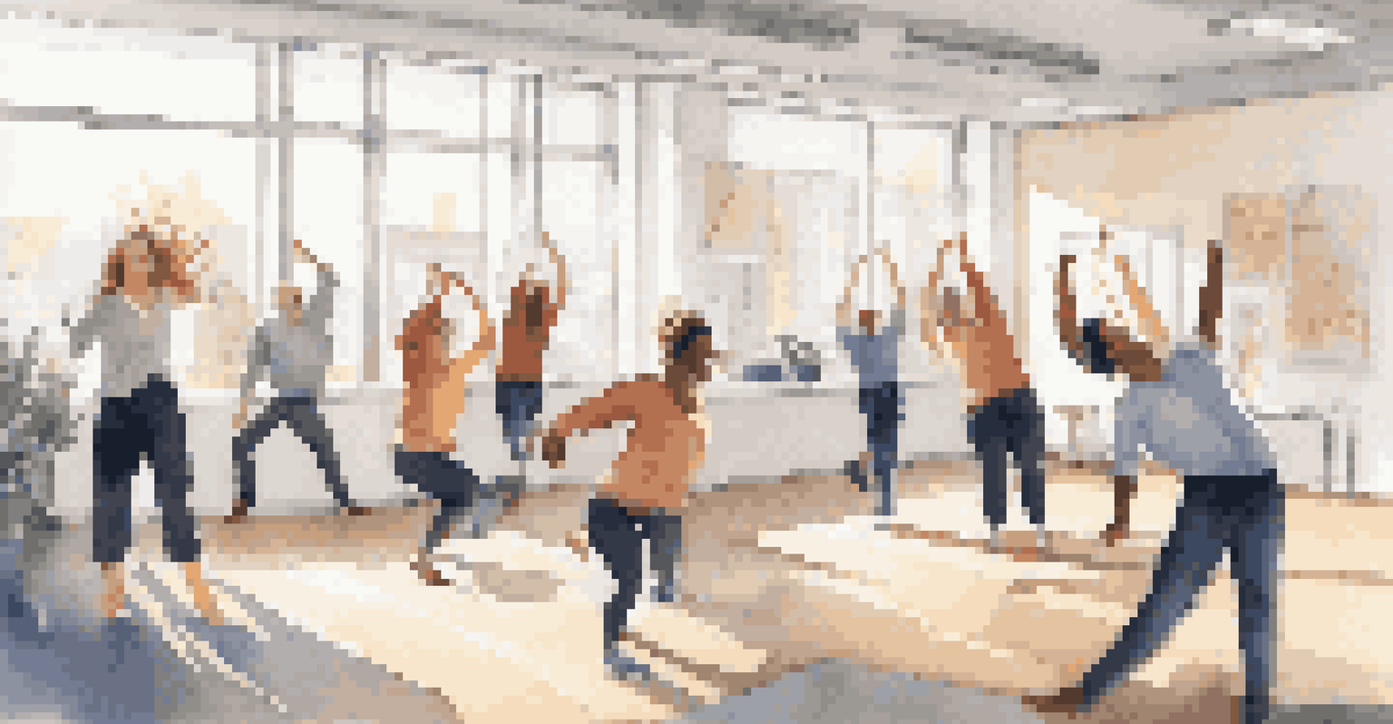 Colleagues stretching and exercising together in a bright office space, filled with natural light and motivational posters.