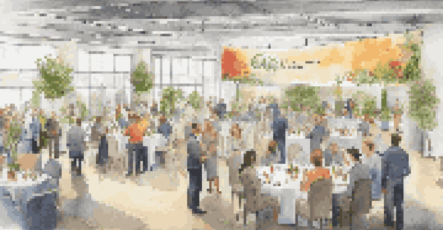 Corporate CSR event space with employees mingling, banners of commitment to social responsibility, and a lively atmosphere.
