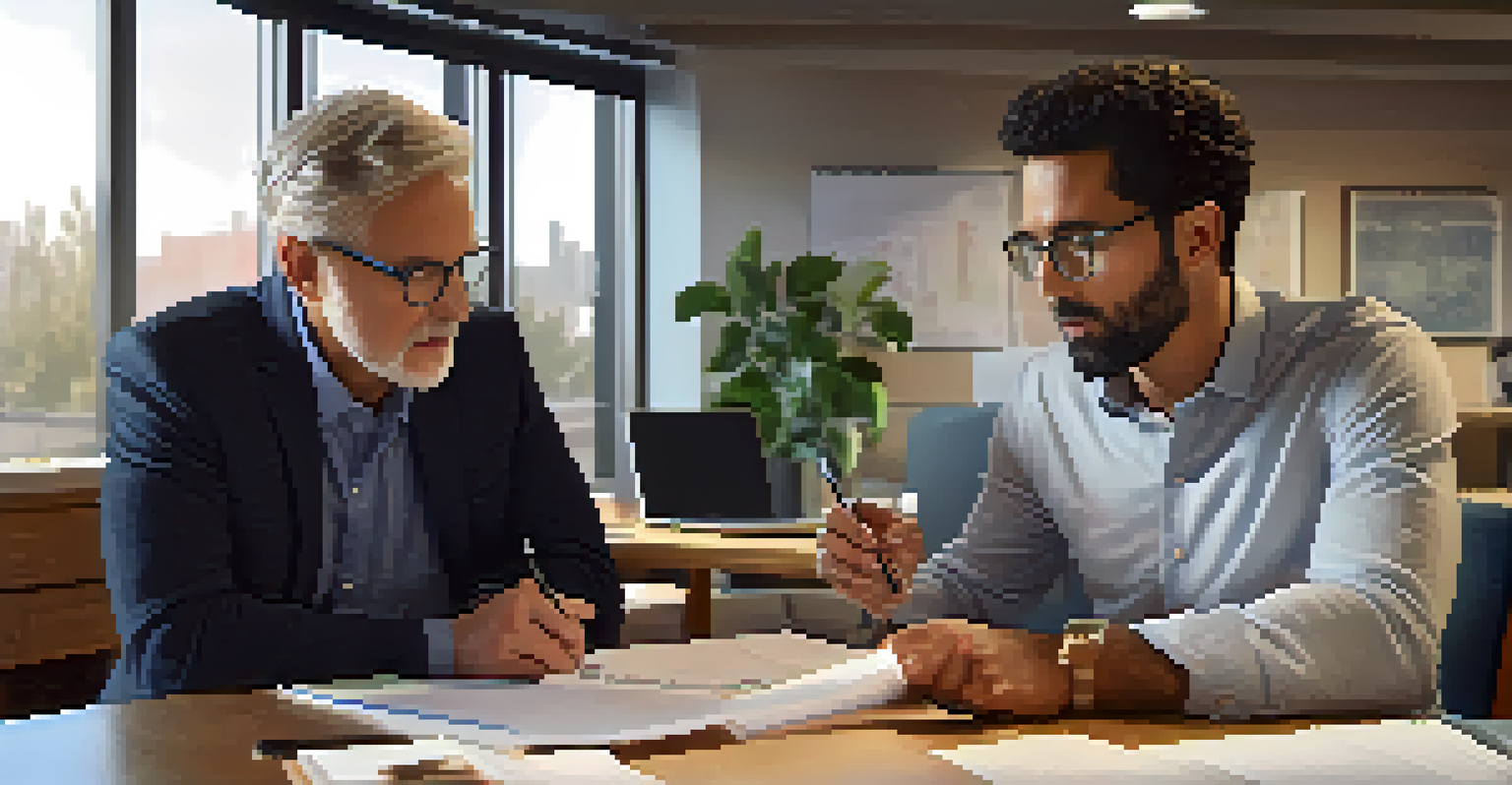 A mentor and mentee discussing a development plan with documents and a laptop on the table.