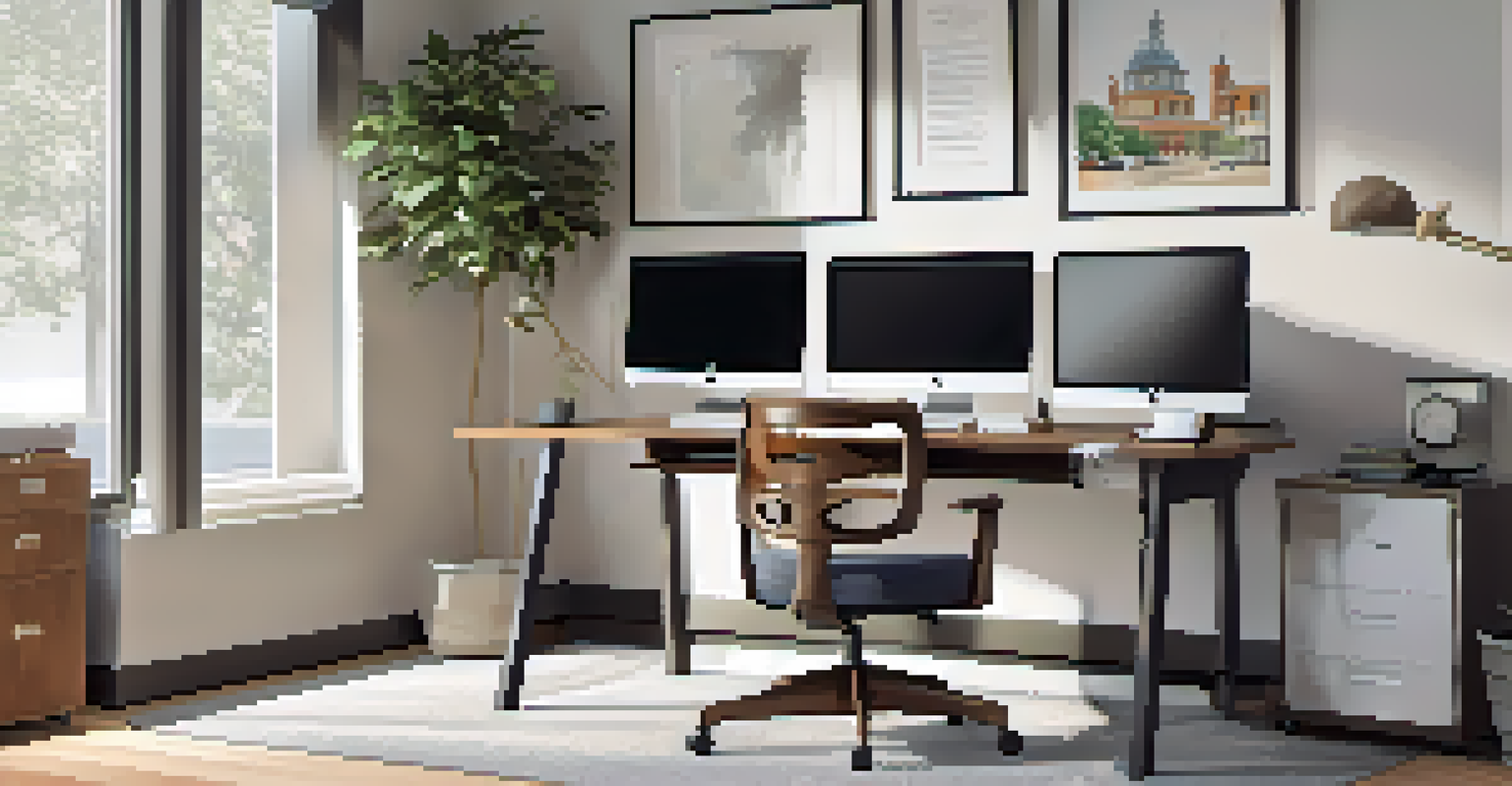 An ergonomic workstation featuring a comfortable chair, adjustable desk, and dual monitors, with personal items like a coffee mug and photos.