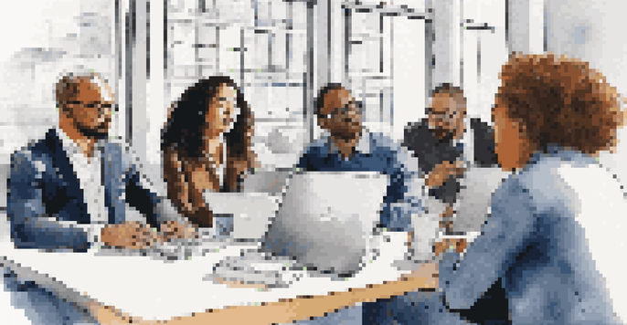 A diverse group of professionals engaged in discussion at a modern office table with laptops and notepads, illuminated by natural light.