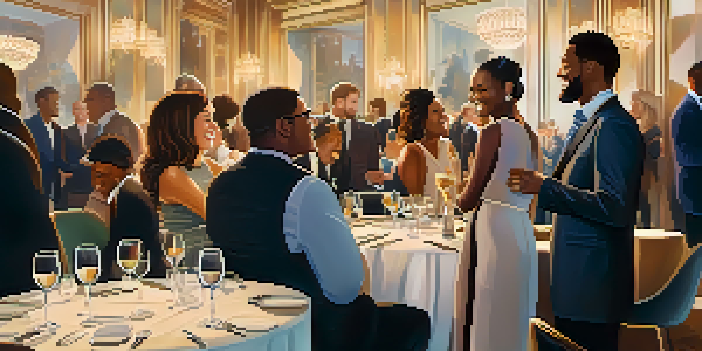 A lively professional networking event with diverse attendees engaged in conversations and exchanging business cards under soft lighting.