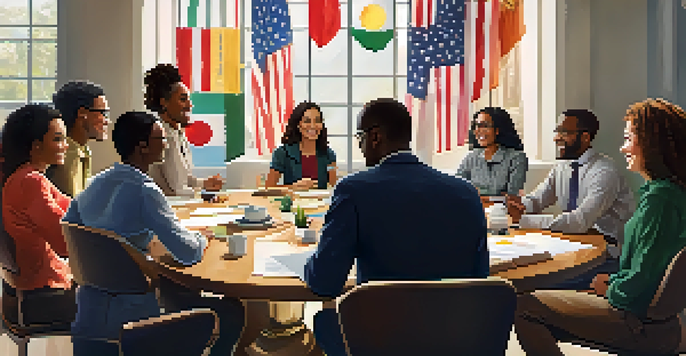 A diverse group of employees in a bright meeting room, collaborating and sharing ideas around a large table, with cultural items in the background.