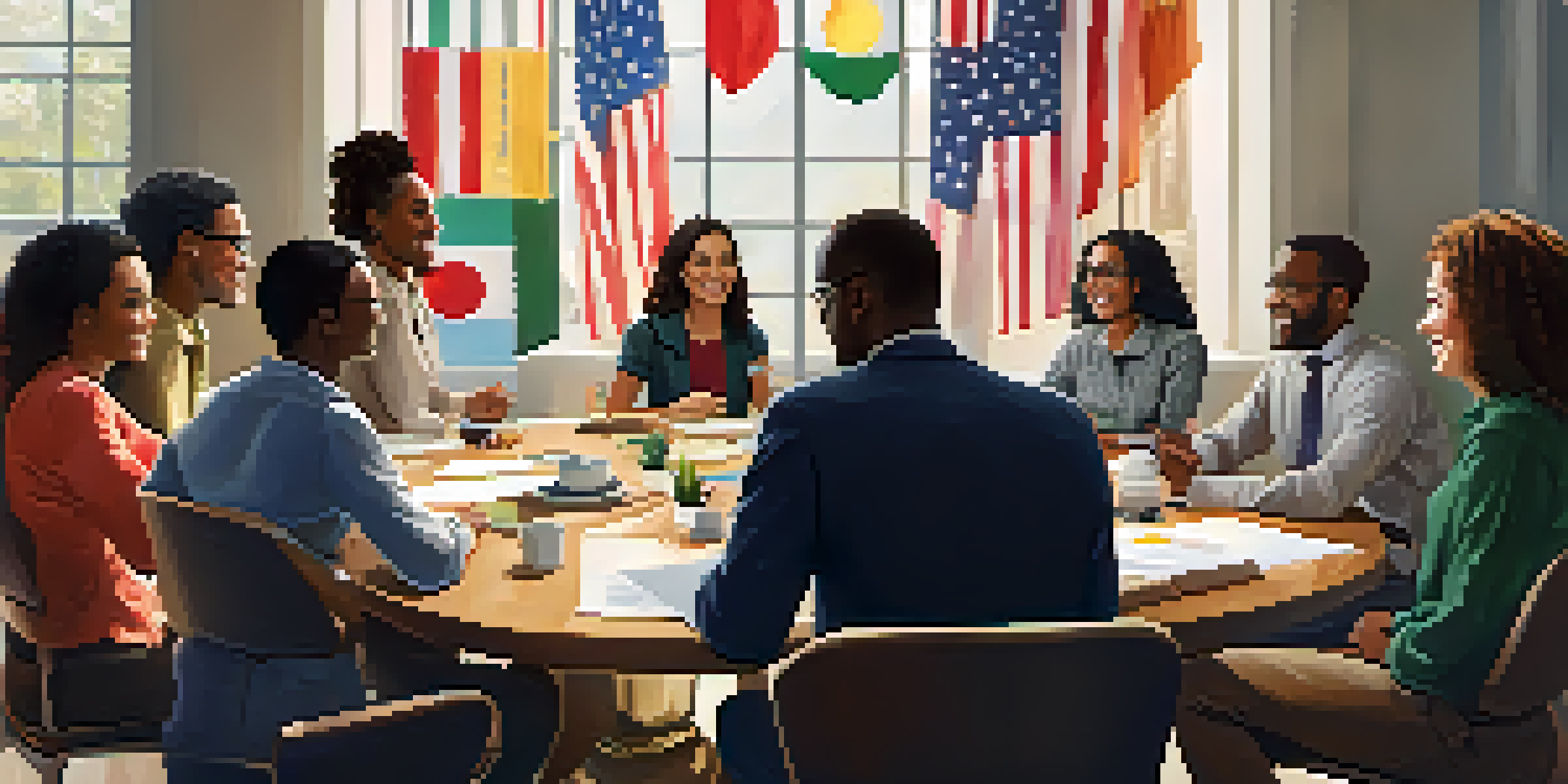 A diverse group of employees in a bright meeting room, collaborating and sharing ideas around a large table, with cultural items in the background.