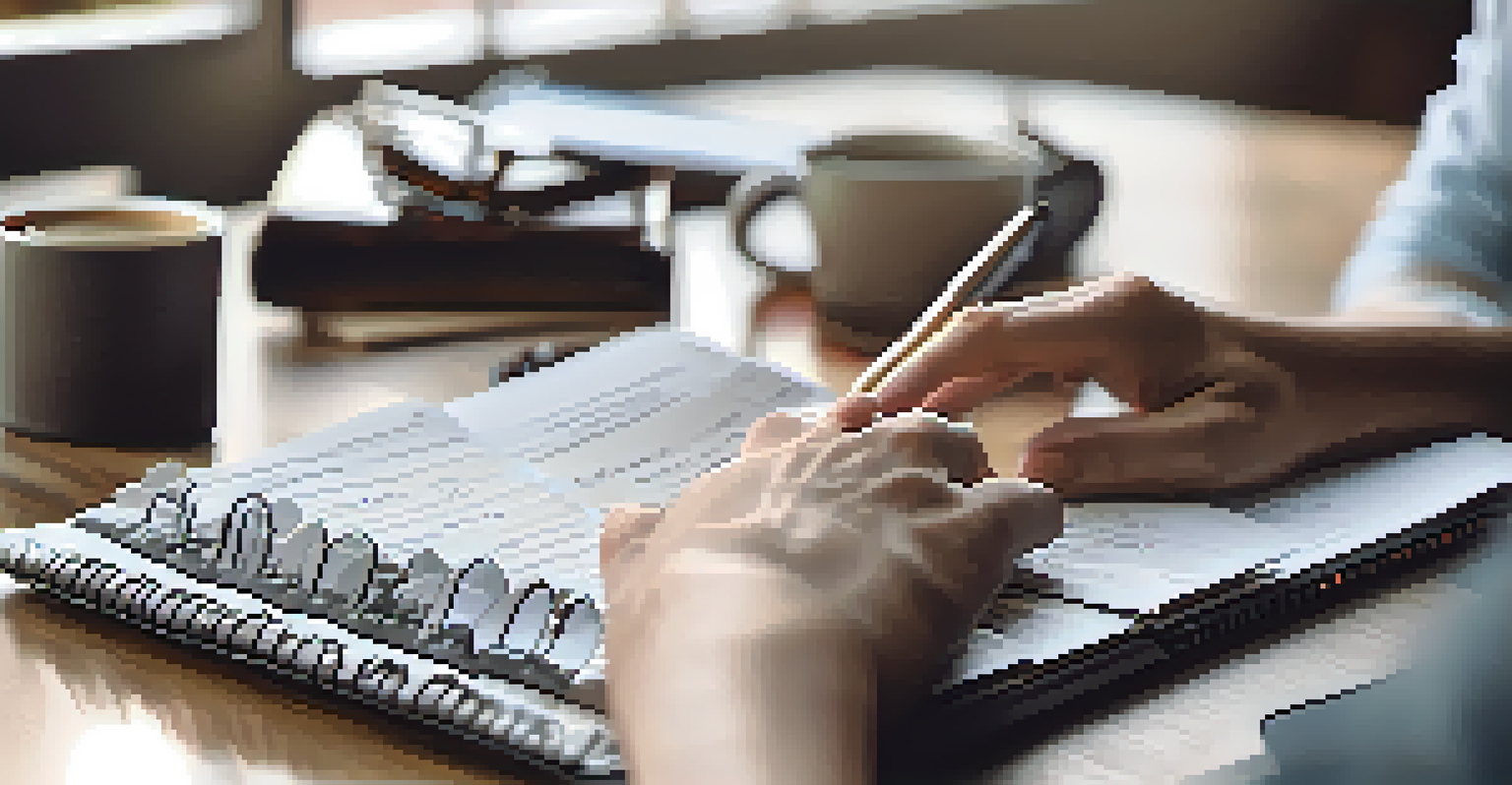 Close-up of hands typing on a laptop with a notepad about debt management strategies and a coffee cup in the background.