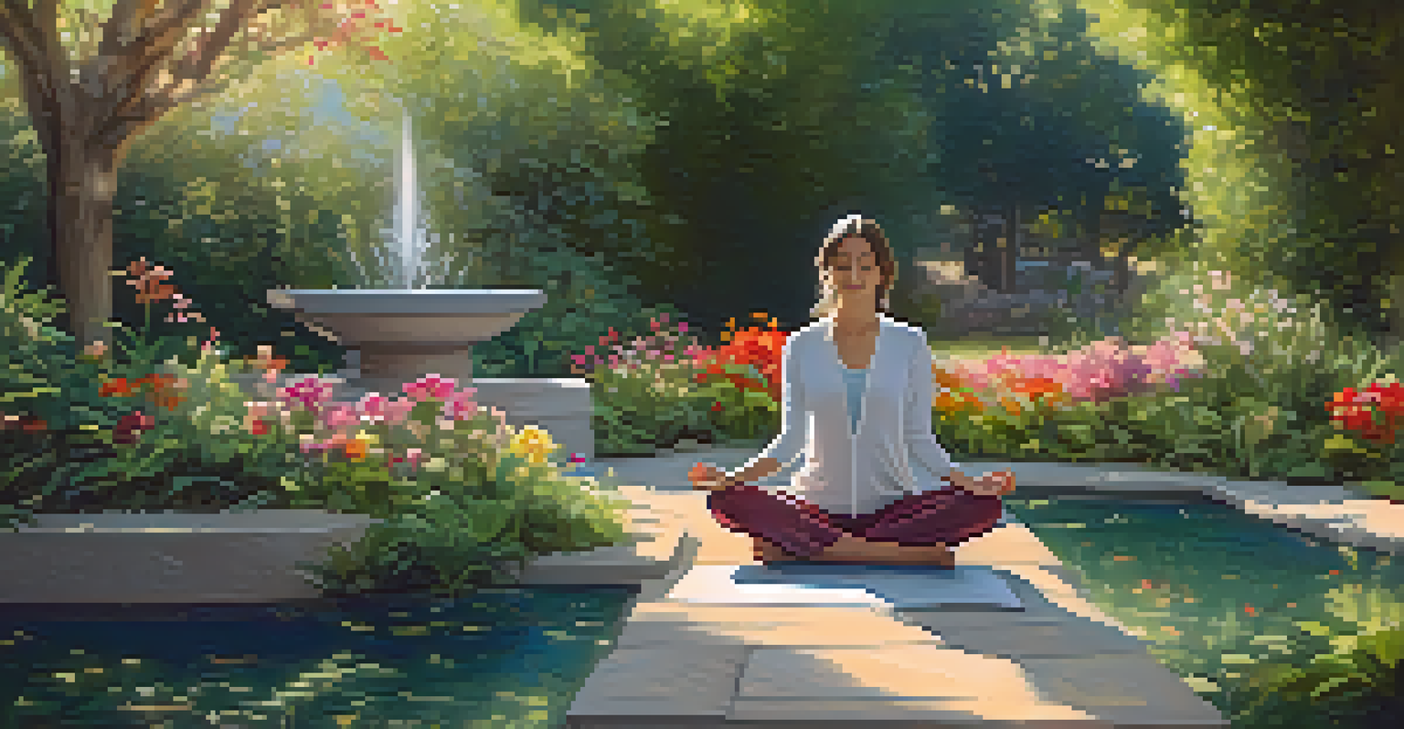 A person meditating in a beautiful garden filled with flowers and a water fountain.
