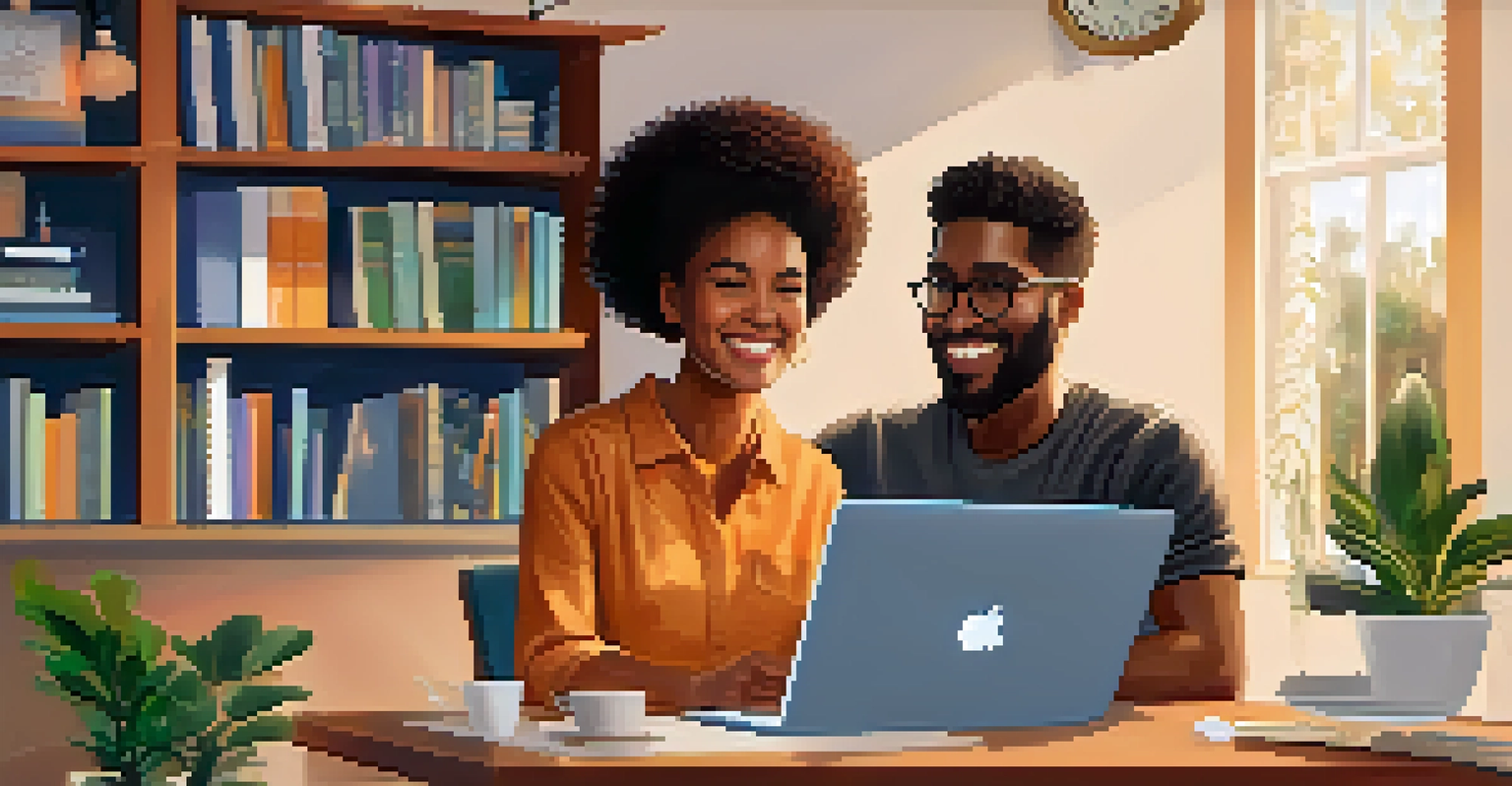 A laptop screen displaying a virtual mentorship session between a mentor and a mentee in a cozy home office.