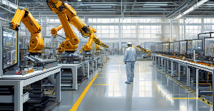 A high-tech manufacturing facility with robotic arms and human workers collaborating with AI systems.