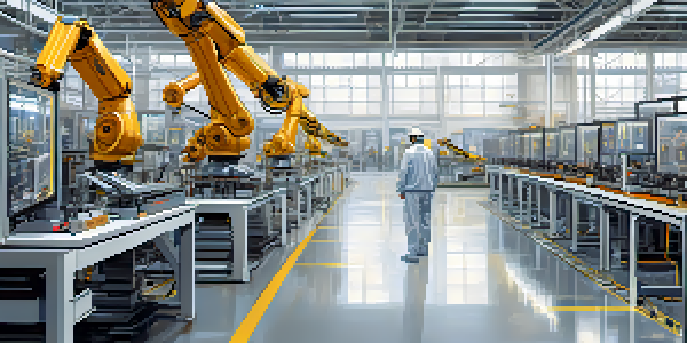 A high-tech manufacturing facility with robotic arms and human workers collaborating with AI systems.