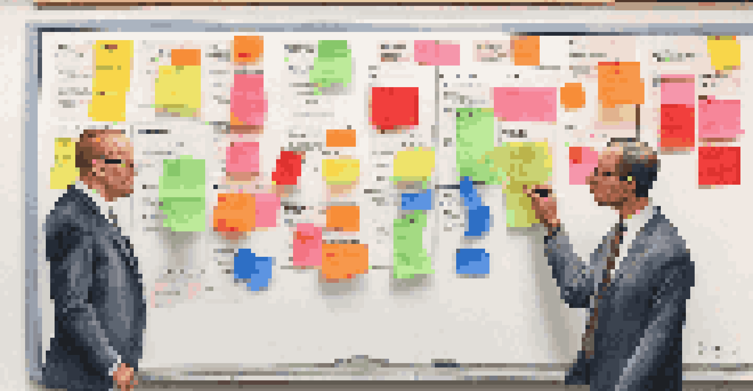 A colorful Eisenhower Matrix on a whiteboard with sticky notes, showing a team collaborating on task prioritization.