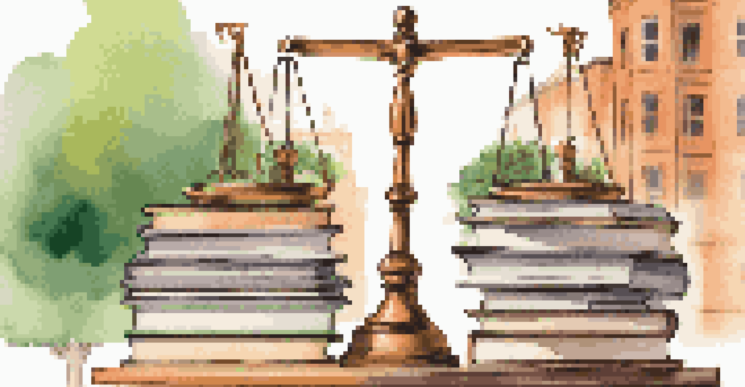 A balanced scale with books on one side and dollar bills on the other, set against a blurred college campus background.