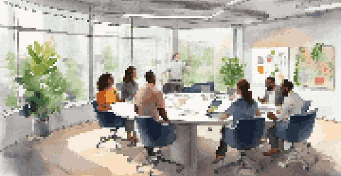 A diverse group of employees in a bright office space collaborating around a circular table with a whiteboard full of colorful notes.