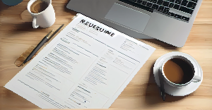 A close-up view of a minimalist resume on a wooden desk with a laptop and a coffee cup.