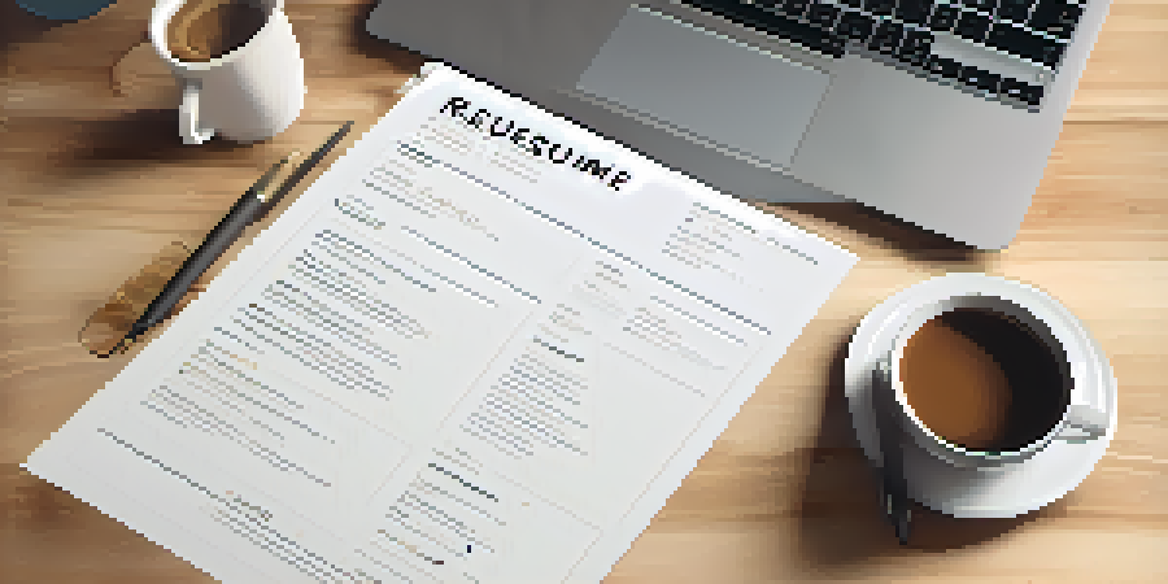 A close-up view of a minimalist resume on a wooden desk with a laptop and a coffee cup.