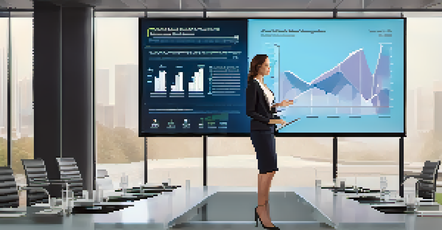 A professional woman presenting job market trends in a modern conference room with a large screen displaying data.