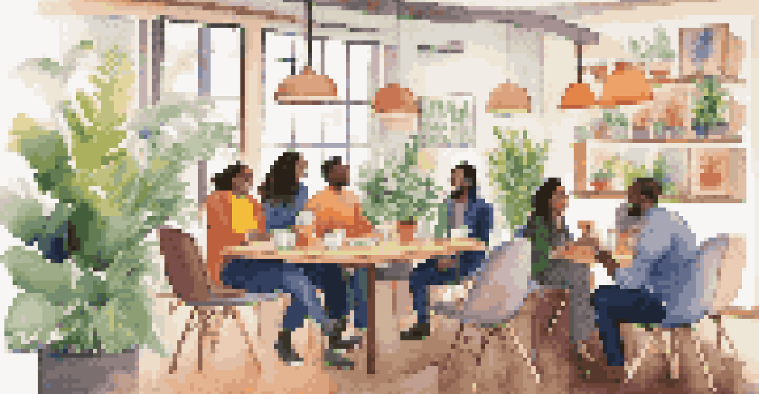 A diverse group of coworkers enjoying a friendly conversation in a colorful and inviting break room.