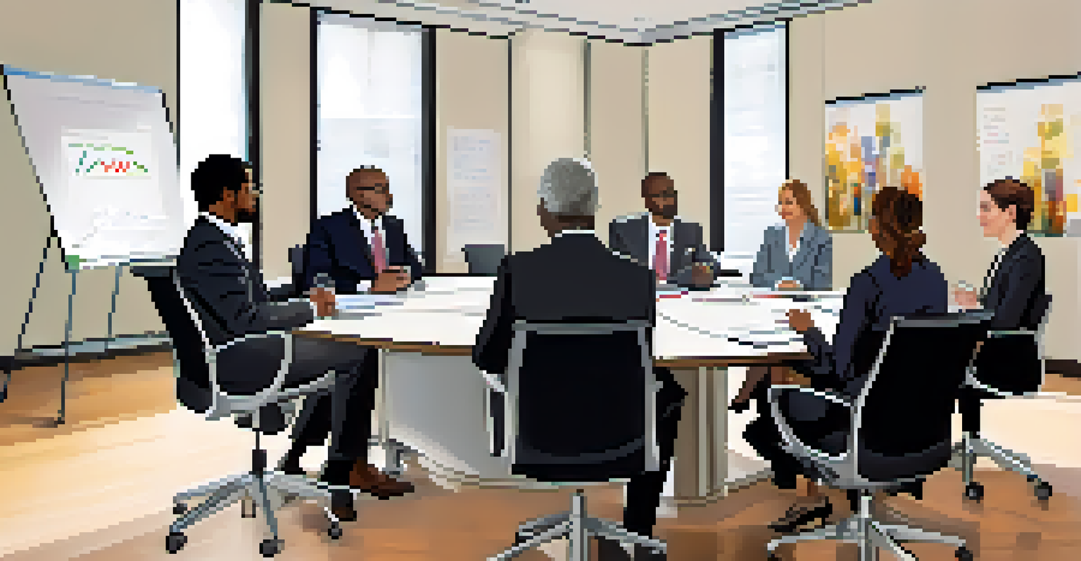 A diverse team of professionals participating in a mock interview session at a conference table, with notes on a whiteboard in the background.