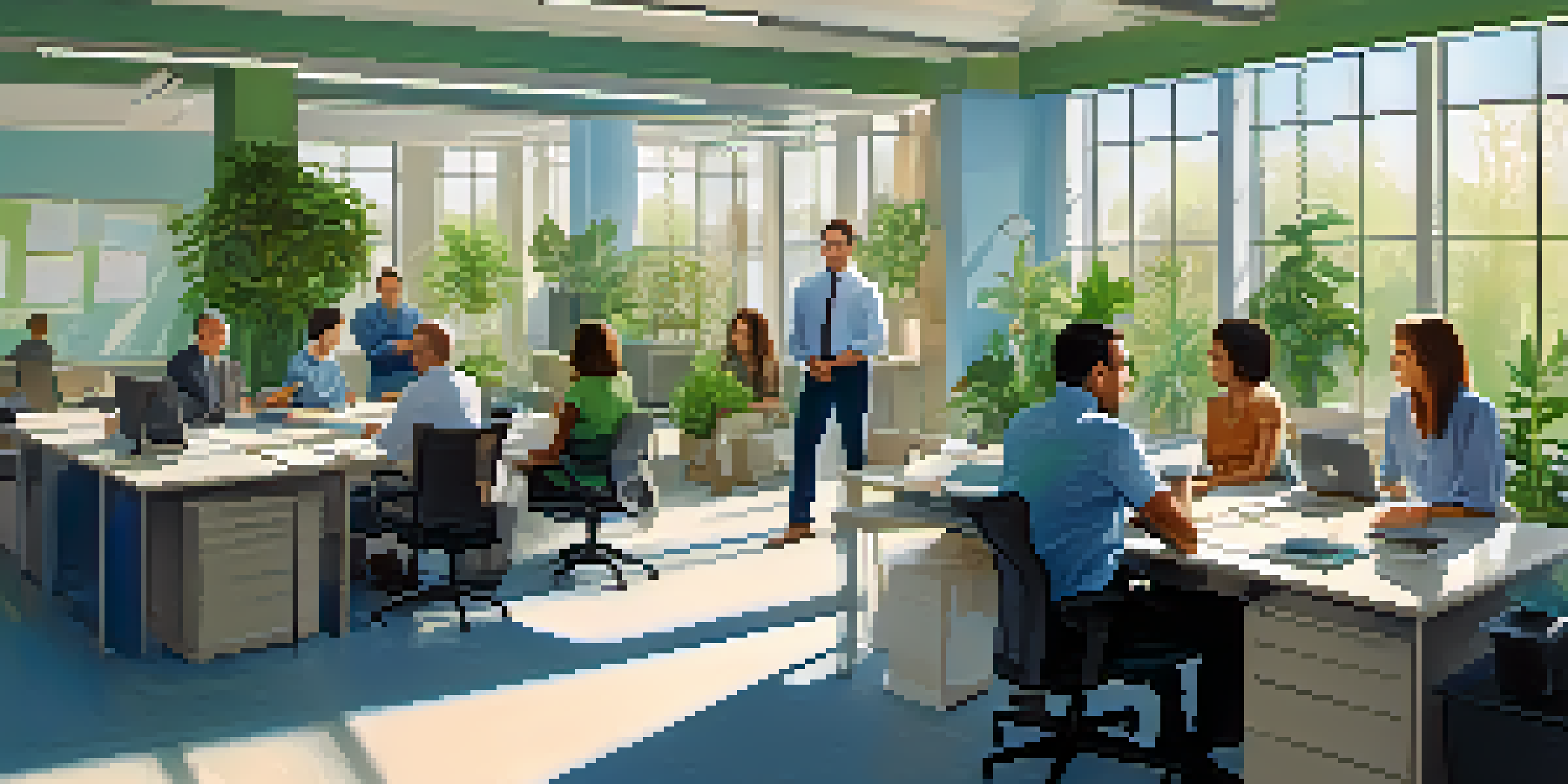 A diverse group of professionals in a bright office discussing collaboratively with positive body language.