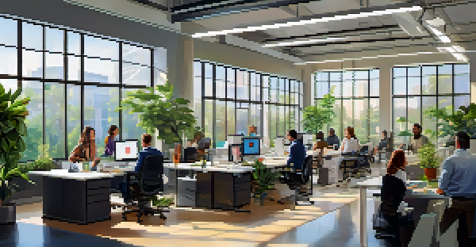 A bright and modern office where diverse employees are collaborating at a large table, surrounded by plants and motivational art.